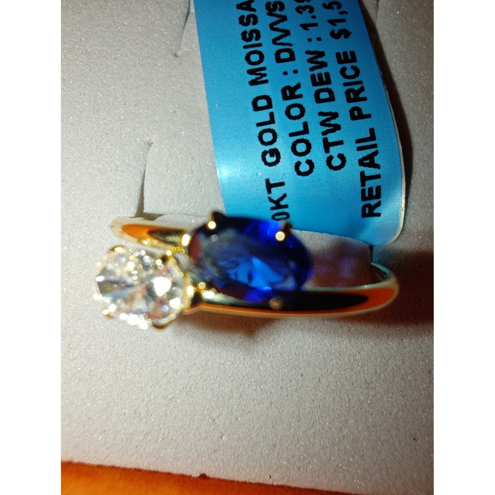Bypass Ring 10k Yellow Gold Moissanite,Blue Stone Toi et Moi style 1.39ctw D/VVS